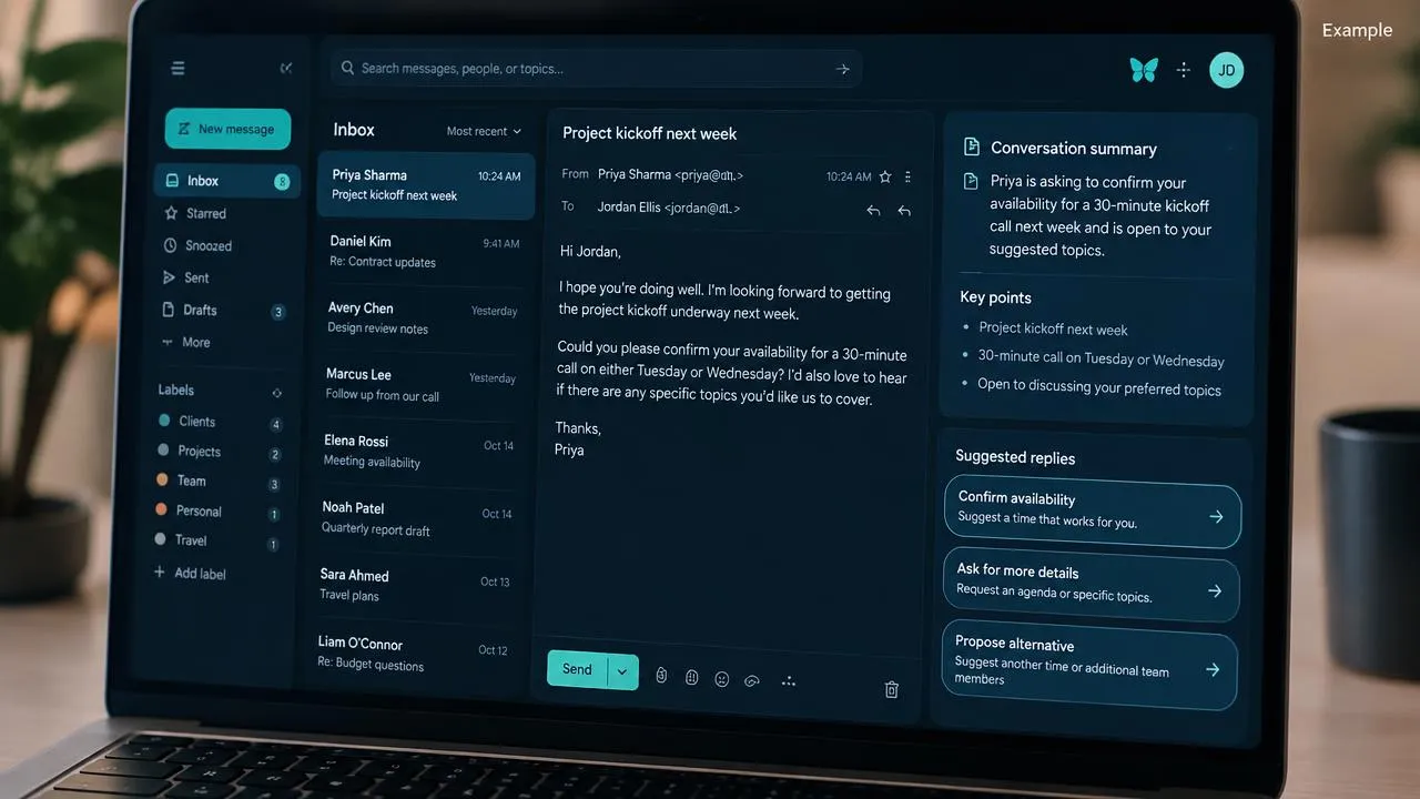 Echo communication assistant interface showing draft professional messages and summarise conversations (example)