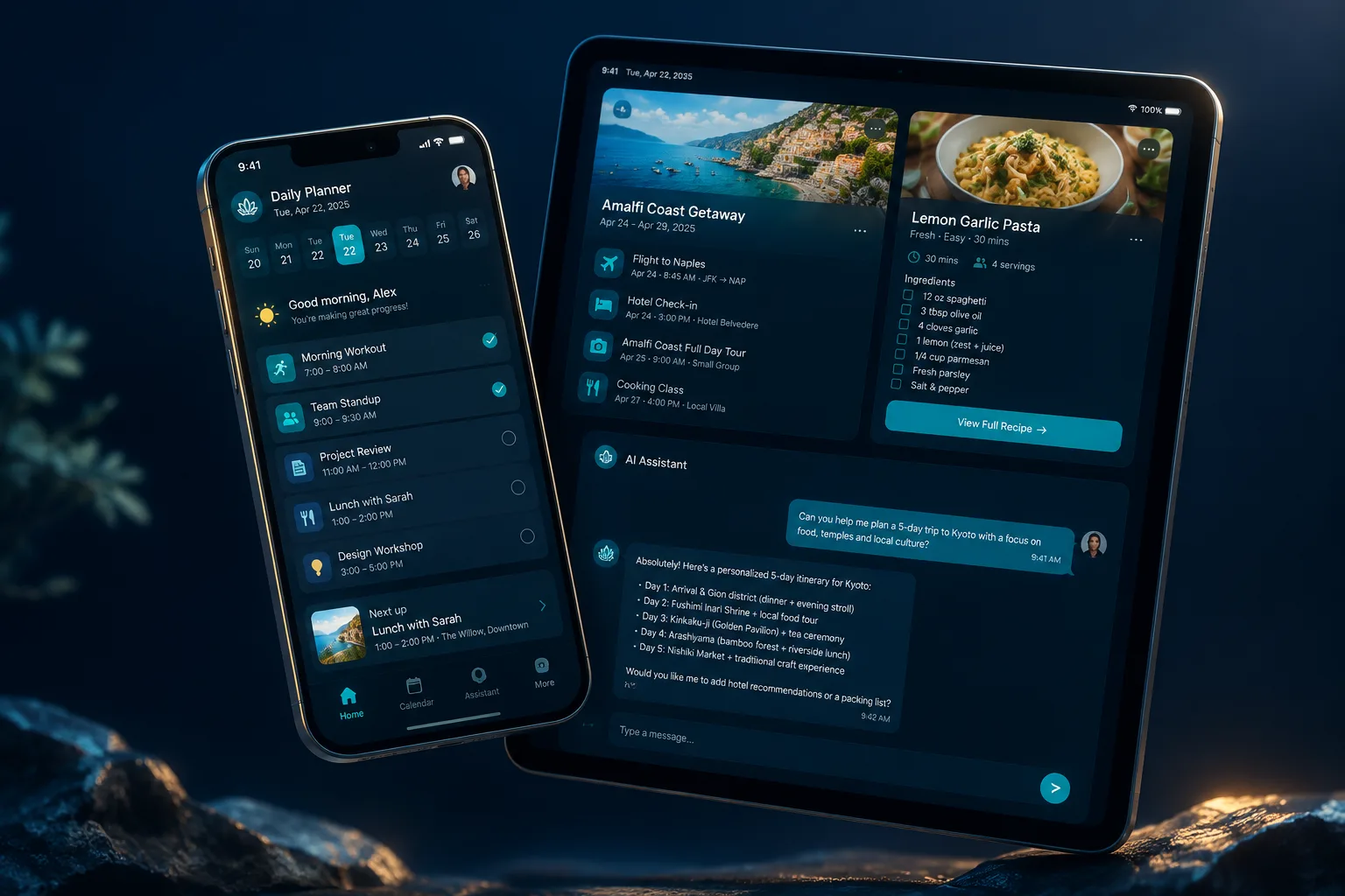 Phone and tablet showing a daily planner, travel itinerary and recipe card